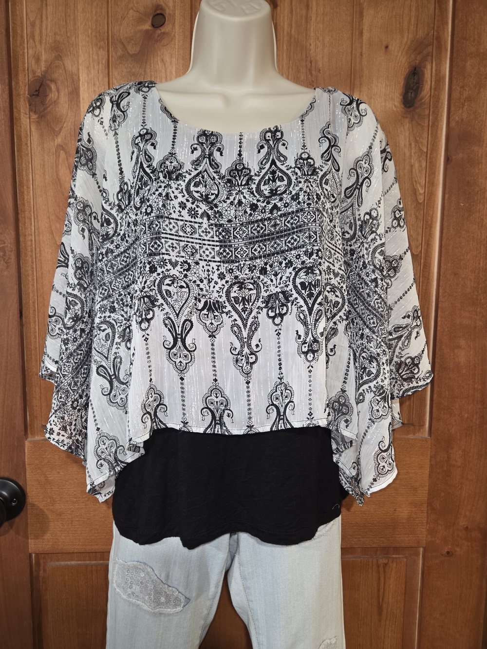 Iz Byer Black & White Paisley Layered Blouse
